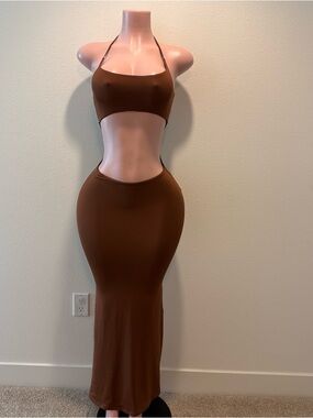 Brown Cutout Halter Maxi Dress